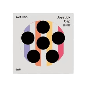 A product image for "AYANEO Joystick Cap" on a light grey background. The center features a circular design with six black circular cutouts, arranged like the pips on a domino, over a background of vertical stripes in purple, orange, and pink. The top left corner displays "AYANEO" in black text, and the top right corner has "Joystick Cap" in English and "摇杆帽" in Chinese, both in black text. A small, stylized "M" logo is present in the bottom left corner.