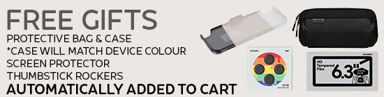 A promotional banner for "FREE GIFTS" that are "AUTOMATICALLY ADDED TO CART" with the purchase of a device. The text is in a large, dark grey font on a light tan background. The banner lists the gifts: "PROTECTIVE BAG & CASE", with a note that "*CASE WILL MATCH DEVICE COLOUR", "SCREEN PROTECTOR", and "THUMBSTICK ROCKERS". Visuals of the accessories are displayed to the right of the text. They include a transparent protective case with a ventilation pattern, a black carrying bag, a package of thumbstick caps with a rainbow background, and a screen protector package labeled "6.3'' HD Tempered Film".