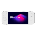 A direct front view of the white AYANEO Pocket S2 Pro handheld gaming console, isolated against a white background. The screen prominently displays "AYANEO Pocket S2 Pro" and "Powered by Snapdragon" against a dark background with vibrant pink and blue abstract shapes. All control buttons, including the D-pad, analog sticks, and face buttons, are clearly visible.