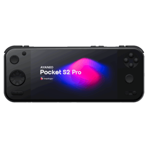 A direct front view of the black AYANEO Pocket S2 Pro handheld gaming console, isolated against a light grey background. The screen prominently displays "AYANEO Pocket S2 Pro" and "Powered by Snapdragon" against a dark background with vibrant pink and blue abstract shapes. All control buttons, including the D-pad, analog sticks, and face buttons, are clearly visible.