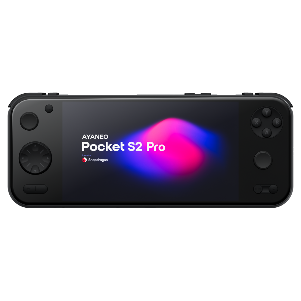 A direct front view of the black AYANEO Pocket S2 Pro handheld gaming console, isolated against a light grey background. The screen prominently displays "AYANEO Pocket S2 Pro" and "Powered by Snapdragon" against a dark background with vibrant pink and blue abstract shapes. All control buttons, including the D-pad, analog sticks, and face buttons, are clearly visible.