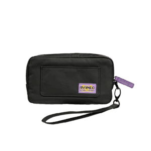 A rectangular black carrying case, designed for a handheld gaming device, is shown against a plain grey background. The case is made of a durable, textured fabric and features a small front pocket. A purple tag with "AYANEO" written on it is attached to the zipper. A black wrist strap is connected to the case via a small metal carabiner.