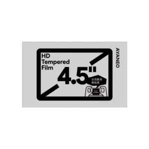 A gray rectangular package for a screen protector, centered against a plain white background. The front of the package features large black text "HD Tempered Film" on the left, and a prominent "4.5''" with a diagonal line extending from its top right. Below the "4.5''", there's smaller Chinese text "全透高清 钢化膜" (Full Transparent High Definition Tempered Film) and a white outline of a handheld gaming device with "PLAY AYANEO" on its screen. The right side of the package has "AYANEO" written vertically.