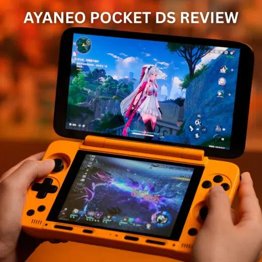 AYANEO POCKET DS REVIEW 1-11 A close-up image for a video review of the AYANEO POCKET DS handheld gaming console. The device, which has a bright orange clamshell design, is held open in two hands. The top screen displays a third-person view of a female anime character in a bright fantasy world, while the smaller, bottom touchscreen displays a darker action scene with glowing effects. Large white text overlaid on the image reads "AYANEO POCKET DS REVIEW." The background is a blurred orange and brown surface.