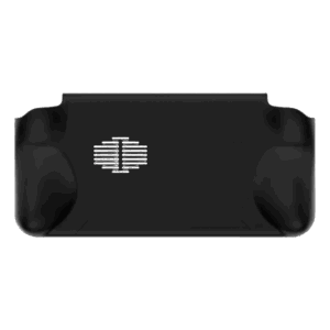 A back view of the black grip accessory for the AYANEO Pocket ACE, against a white background. The accessory features a central cutout with white striped vents, and two rounded, ergonomic grips on the left and right sides.