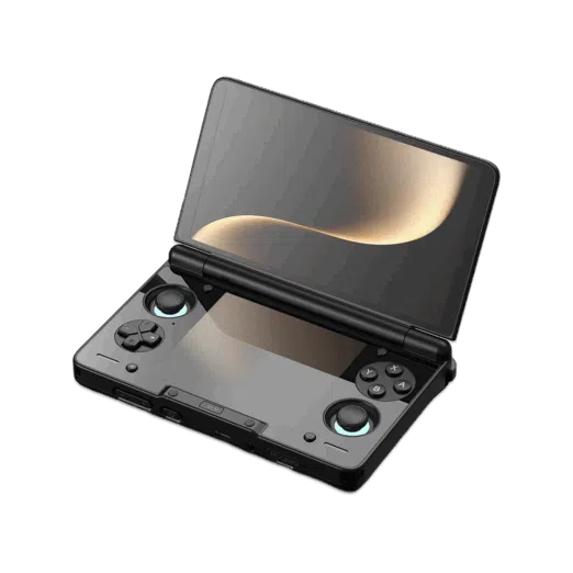 An angled, open view of a light grey AYN Thor handheld gaming console with a clamshell design, against a dark, featureless background. The top screen is open, displaying a soft golden abstract image. The bottom half of the device shows the controls, including a black D-pad, black analog sticks, and face buttons in red, blue, green, and yellow, resembling the classic "black" controller aesthetic. Both the top and bottom screens are reflective, mirroring the golden light.