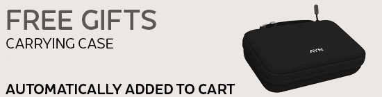 A promotional banner featuring a black zippered hardshell carrying case with the "AYN" logo printed in white on top. The text on the left reads "FREE GIFTS CARRYING CASE" in a gray sans-serif font, and the text at the bottom reads "AUTOMATICALLY ADDED TO CART" in a bold, black sans-serif font. The entire image has a light gray background.
