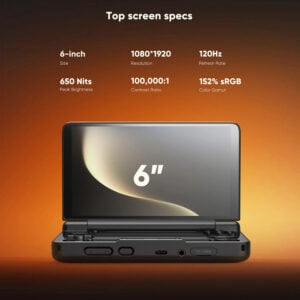 A promotional image for the AYN Thor handheld gaming console, highlighting the top screen's specifications. The background is a gradient of orange and brown. The top of the image has the title "Top screen specs" and six white text boxes detailing the features: "6-inch Size", "1080*1920 Resolution", "120Hz Refresh Rate", "650 Nits Peak Brightness", "100,000:1 Contrast Ratio", and "152% sRGB Color Gamut". Below this is a frontal view of the open AYN Thor, with its top screen angled towards the viewer, prominently displaying a large "6''" on a stylized background.