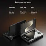 A promotional image for the AYN Thor handheld gaming console, highlighting the top screen's specifications. The background is a gradient of orange and brown. The top of the image has the title "Top screen specs" and six white text boxes detailing the features: "6-inch Size", "1080*1920 Resolution", "120Hz Refresh Rate", "650 Nits Peak Brightness", "100,000:1 Contrast Ratio", and "152% sRGB Color Gamut". Below this is a frontal view of the open AYN Thor, with its top screen angled towards the viewer, prominently displaying a large "6''" on a stylized background.