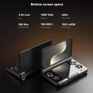 A promotional image for the AYN Thor handheld gaming console, highlighting the top screen's specifications. The background is a gradient of orange and brown. The top of the image has the title "Top screen specs" and six white text boxes detailing the features: "6-inch Size", "1080*1920 Resolution", "120Hz Refresh Rate", "650 Nits Peak Brightness", "100,000:1 Contrast Ratio", and "152% sRGB Color Gamut". Below this is a frontal view of the open AYN Thor, with its top screen angled towards the viewer, prominently displaying a large "6''" on a stylized background.