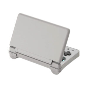 A rear, angled view of a light grey AYN Thor handheld gaming console with its clamshell design partially open, isolated against a white background. This perspective highlights the textured back of the device, the hinge mechanism, and the "R1", "R2", "L1", and "L2" labels for the shoulder buttons.