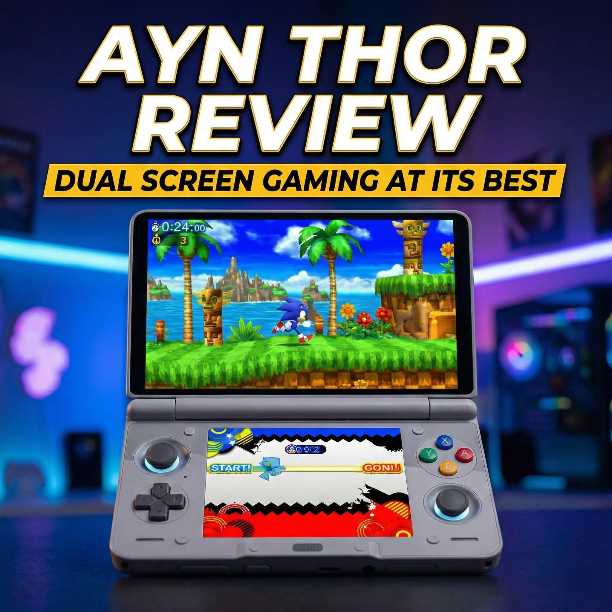 The image features a dual-screen, clamshell-style handheld gaming device centered on a dark surface against a blurred, neon-lit gaming room background. The device is grey with colorful "ABXY" buttons and glowing blue rings around the joysticks. The top screen displays a vibrant 3D Sonic the Hedgehog game, while the bottom screen shows a stylized menu or secondary game interface.