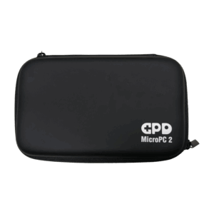 A front-facing shot of a closed, black hard shell case for the GPD MicroPC 2, against a grey background. The case is rectangular with rounded corners and features a white "GPD MicroPC 2" logo in the bottom right corner. The case is zipped shut.