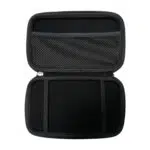 A top-down shot of the black hard shell case for the GPD MicroPC 2, opened to reveal its interior. The top half of the case has a mesh pocket, while the bottom half is empty with two elastic straps meant to hold the device.