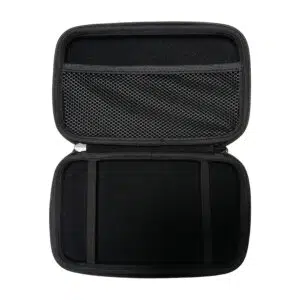 A top-down shot of the black hard shell case for the GPD MicroPC 2, opened to reveal its interior. The top half of the case has a mesh pocket, while the bottom half is empty with two elastic straps meant to hold the device.