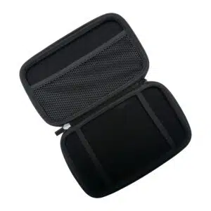 A top-down, angled shot of the black hard shell case for the GPD MicroPC 2, opened to reveal its interior. The top half of the case has a mesh pocket for accessories, while the bottom half has two elastic straps to securely hold the device. The case is empty.
