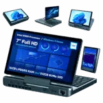 An infographic showcasing the versatile display modes of the GPD MicroPC 2, set against a solid dark green background. A central image shows the device open in laptop mode, with its screen displaying a data-heavy, blue-themed dashboard. Key specifications are highlighted on the screen: Intel N300 Processor, Windows 11 Home, 7" Full HD Touchscreen Display, 16GB LPDDR5 RAM, and 512GB NVMe SSD. Around the central device, smaller views demonstrate the device in different orientations, including a tent mode, a tablet mode, and a folded mode, illustrating its 2-in-1 functionality. The Intel logo is also present on the screen.