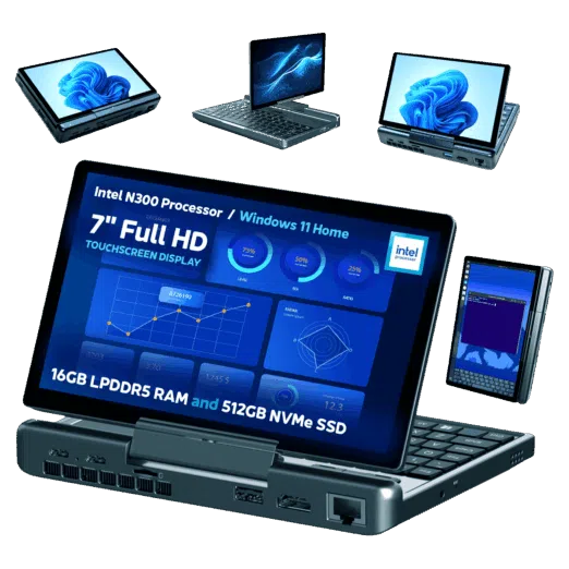 An infographic showcasing the versatile display modes of the GPD MicroPC 2, set against a solid dark green background. A central image shows the device open in laptop mode, with its screen displaying a data-heavy, blue-themed dashboard. Key specifications are highlighted on the screen: Intel N300 Processor, Windows 11 Home, 7" Full HD Touchscreen Display, 16GB LPDDR5 RAM, and 512GB NVMe SSD. Around the central device, smaller views demonstrate the device in different orientations, including a tent mode, a tablet mode, and a folded mode, illustrating its 2-in-1 functionality. The Intel logo is also present on the screen.