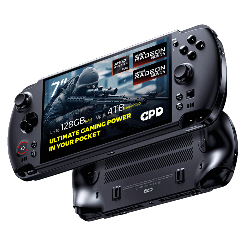 A dynamic shot of two black GPD WIN 5 handheld gaming consoles on a black background. The top device is angled to show its screen, which displays a first-person shooter game and features prominent overlays: 7