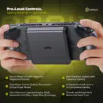 An infographic showcasing the Pro-Level Controls of the GPD WIN 5. Two hands are holding the device from the back, where a detachable plate for a mouse/trackpad module is shown. The text highlights features such as Secure Power-On with Integrated Fingerprint Scanner, Ultra-Precision Capacitive Analog Sticks, and Professional-Grade Control for Competitive Gaming.