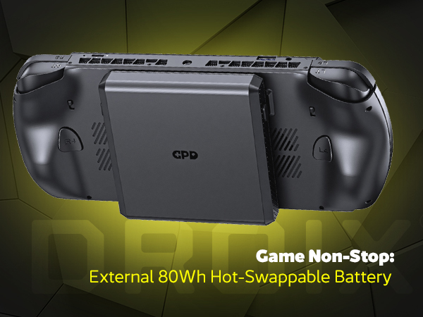 GPD WIN 5 4 A rear view of the black GPD WIN 5 handheld gaming console, showcasing its detachable battery. A rectangular battery module with the GPD logo is attached to the center back of the device, positioned between the two ergonomic grips. The yellow text at the bottom reads: "Game Non-Stop: External 80Wh Hot-Swappable Battery".