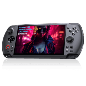 A GPD WIN 5 handheld gaming console is centered against a grey background. Its screen displays a woman in a cyberpunk setting. Overlaid on the screen is a transparent window showing performance metrics like "AI Max+", "Radeon 8060s", "CPU Power", and "FPS". The console is dark grey with a prominent D-pad, analog sticks, and face buttons.