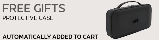 A promotional banner for a "FREE GIFTS" offer. The text states a "PROTECTIVE CASE" is "AUTOMATICALLY ADDED TO CART". To the right is a large, black, hard-shell carrying case with the GPD logo and a handle.