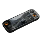 AYN-ODIN3-BLACK-LISTING-DONE-01 An angled shot of a black AYN Odin3 handheld gaming console against a dark background. The screen displays a realistic racing game scene with a car on a mountain road. The console features a D-pad and an analog stick on the left, and face buttons and an analog stick on the right. Both analog sticks are illuminated with a bright orange glow