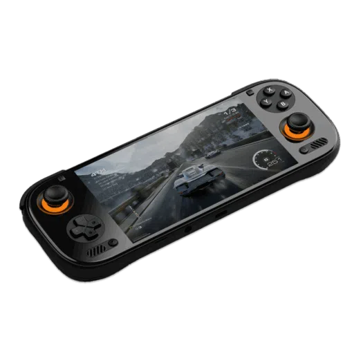 An angled shot of a black AYN Odin3 handheld gaming console against a dark background. The screen displays a realistic racing game scene with a car on a mountain road. The console features a D-pad and an analog stick on the left, and face buttons and an analog stick on the right. Both analog sticks are illuminated with a bright orange glow