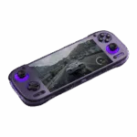 AYN-ODIN3-CLEAR-PURPLE-LISTING-DONE-01 An angled shot of a transparent purple AYN Odin3 handheld gaming console against a dark background. The screen displays a realistic racing game scene with a car on a mountain road. The console features a black D-pad and an analog stick on the left, and black face buttons and an analog stick on the right. Both analog sticks are illuminated with a glowing purple ring. The transparent shell allows for a partial view of the internal components.