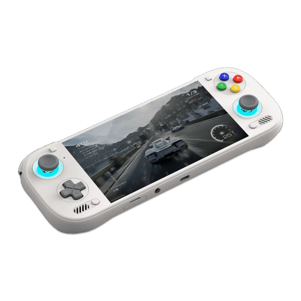 An angled shot of a white AYN Odin3 handheld gaming console against a dark green background. The console features a D-pad and analog stick on the left and face buttons with an analog stick on the right. The face buttons are colored red, yellow, green, and blue. Both analog sticks are illuminated with a light blue glow. The screen displays a realistic racing game on a snow-covered road.