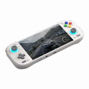 An angled shot of a white AYN Odin3 handheld gaming console against a dark green background. The console features a D-pad and analog stick on the left and face buttons with an analog stick on the right. The face buttons are colored red, yellow, green, and blue. Both analog sticks are illuminated with a light blue glow. The screen displays a realistic racing game on a snow-covered road.