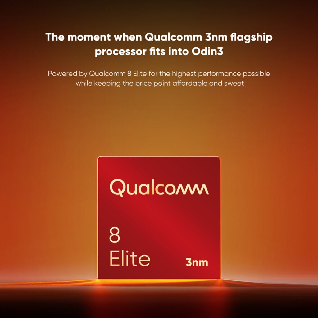 AYN Odin 3 Base, Pro, Max & ULTRA 3 A promotional graphic for the AYN Odin3's processor. The background is a glowing orange-red gradient. In the center, a red rectangular chip is shown with white text "Qualcomm 8 Elite 3nm". The text "The moment when Qualcomm 3nm flagship processor fits into Odin3" and "Powered by Qualcomm 8 Elite for the highest performance possible while keeping the price point affordable and sweet" is at the top of the image.