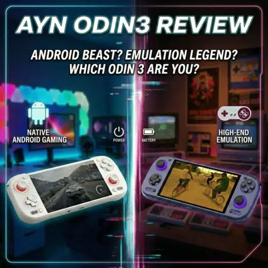 AYN Odin3 review 1500 A promotional graphic for the AYN Odin 3 handheld gaming console, featuring a split-screen design that contrasts modern "Native Android Gaming" with "High-End Emulation." The top of the image features the bold title "AYN ODIN 3 REVIEW" in white and cyan, followed by the tagline: "ANDROID BEAST? EMULATION LEGEND? WHICH ODIN 3 ARE YOU?" Left Side (Native Android Gaming): Set against a modern, neon-lit gaming room, a sleek white handheld console with red-accented joysticks displays a high-end 3D car racing game. An Android logo icon sits above the device. Right Side (High-End Emulation): Set against a nostalgic, retro background filled with old CRT televisions, a transparent purple console displays Grand Theft Auto: San Andreas. A retro controller icon sits above the device. A glowing vertical neon line in pink and cyan divides the two halves, with small "Power" and "Battery" icons positioned along the center.