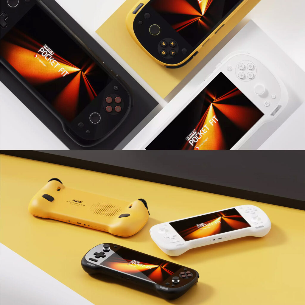 KONKR Pocket FIT 1 A split-view promotional image showcasing three color variants of the KONKR Pocket Fit handheld gaming console. The top half shows the black, yellow, and white consoles in a flat-lay arrangement, each with a screen displaying a glowing orange abstract design. The bottom half shows the same three consoles in a dynamic arrangement on a yellow surface, with the yellow console flipped over to display its back panel and vents, while the black and white consoles are angled to show their screens and front controls. A split-view promotional image showcasing three color variants of the KONKR Pocket Fit handheld gaming console. The top half shows the black, yellow, and white consoles in a flat-lay arrangement, each with a screen displaying a glowing orange abstract design. The bottom half shows the same three consoles in a dynamic arrangement on a yellow surface, with the yellow console flipped over to display its back panel and vents, while the black and white consoles are angled to show their screens and front controls. A split-view promotional image showcasing three color variants of the KONKR Pocket Fit handheld gaming console. The top half shows the black, yellow, and white consoles in a flat-lay arrangement, each with a screen displaying a glowing orange abstract design. The bottom half shows the same three consoles in a dynamic arrangement on a yellow surface, with the yellow console flipped over to display its back panel and vents, while the black and white consoles are angled to show their screens and front controls. Analysis
