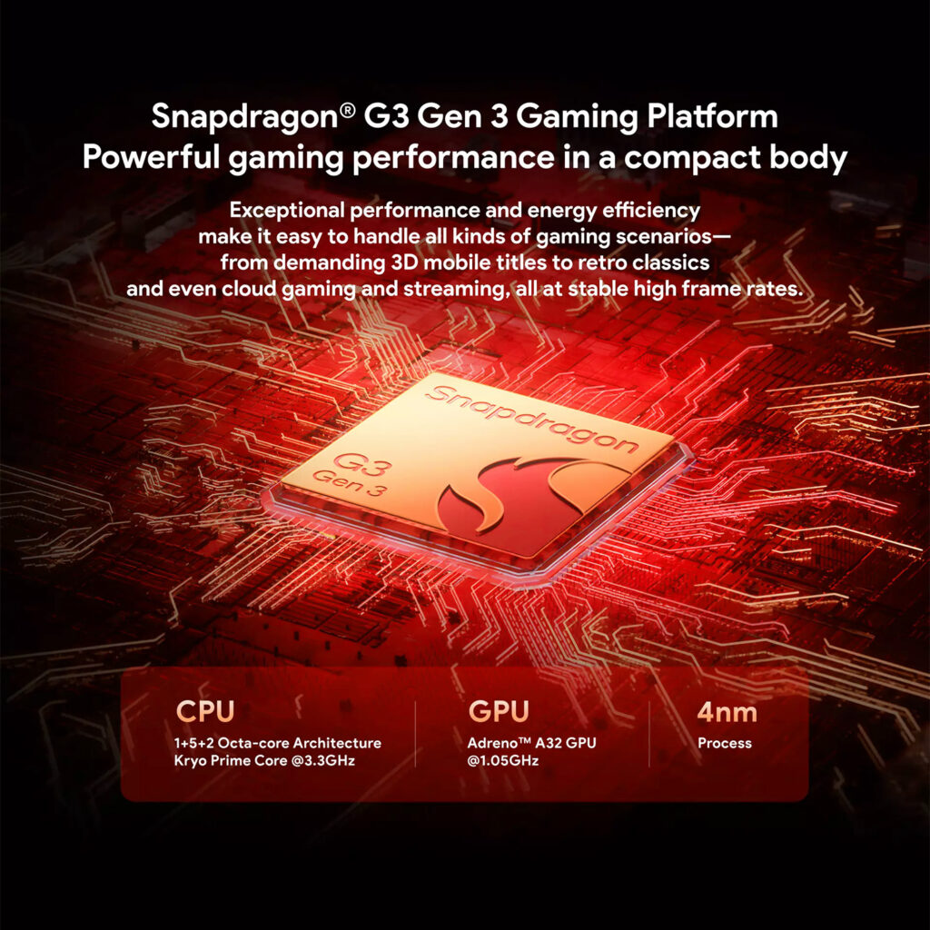 KONKR Pocket FIT 5 A promotional graphic for the Snapdragon G3 Gen 3 Gaming Platform. The image shows a golden-orange processor chip with a stylized flame logo on an orange circuit board background. The title "Snapdragon® G3 Gen 3 Gaming Platform" is at the top. The bottom features three boxes with key specifications: CPU (1+5+2 Octa-core Architecture), GPU (Adreno™ A32 GPU @1.05GHz), and Process (4nm).