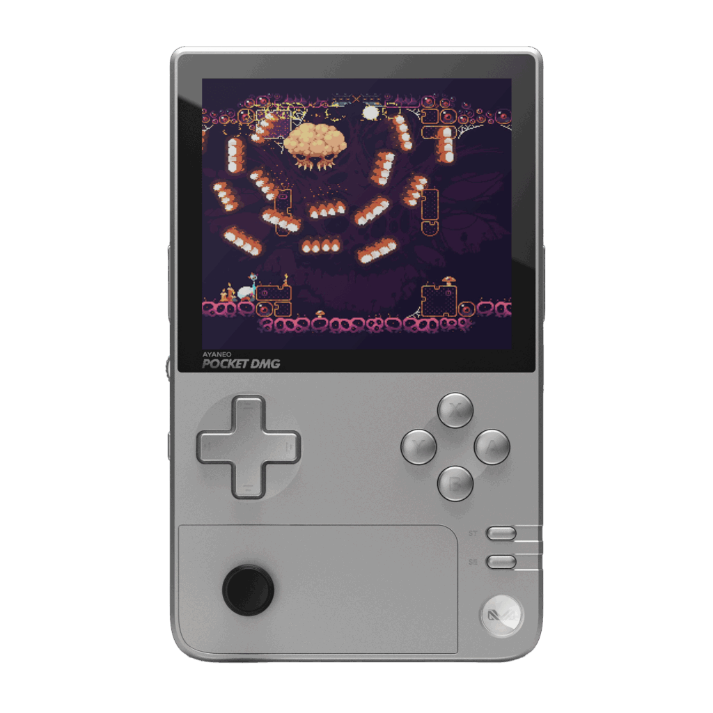 A front-on view of the AYANEO Pocket DMG handheld gaming console in a silver/grey color, set against a black background. The console has a vertical, Game Boy-inspired form factor with a large screen displaying a retro-style pixel art game featuring a cloud-like boss and orange projectiles. The controls include a prominent grey D-pad on the left, grey A, B, X, Y face buttons on the right, and a black analog stick positioned below the D-pad. The AYANEO POCKET DMG logo is visible below the screen.