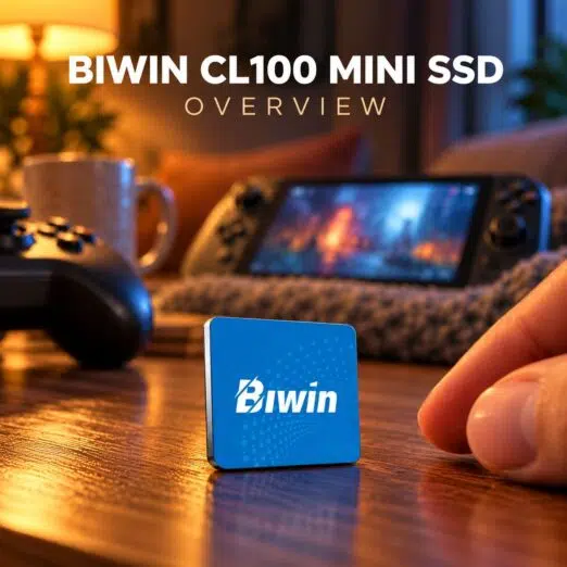 Biwin CL100 Mini SSD Overview 11 A small blue Biwin Mini SSD standing upright on a wooden table, next to a person's hand, with a handheld gaming console and controller blurred in the background.