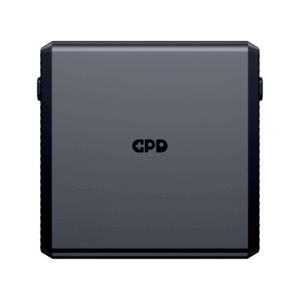 A front view of the black, square, detachable battery pack for the GPD WIN 5, with the GPD logo subtly centered on its surface. The battery is isolated against a black background.