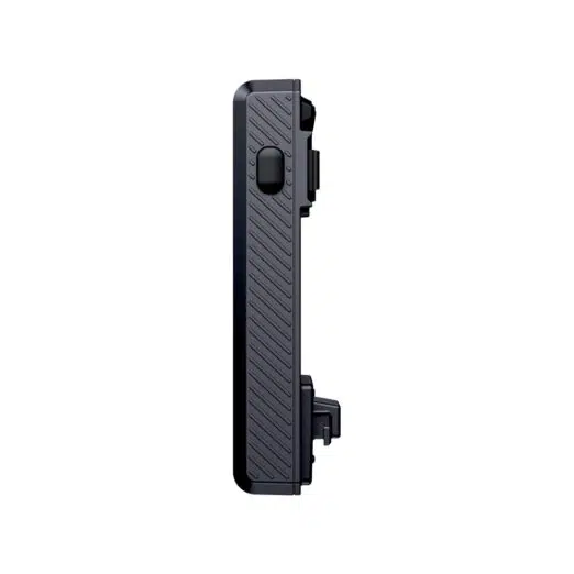 A side view of the black detachable battery pack, highlighting its textured side grip and the release button mechanism for hot-swapping. The battery is isolated against a white background.