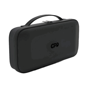 A three-quarter view of a closed, black hard-shell carrying case for the GPD WIN 5, featuring a top handle, dual zippers, and a subtle black GPD logo centered on the front. The case is set against a dark green background.