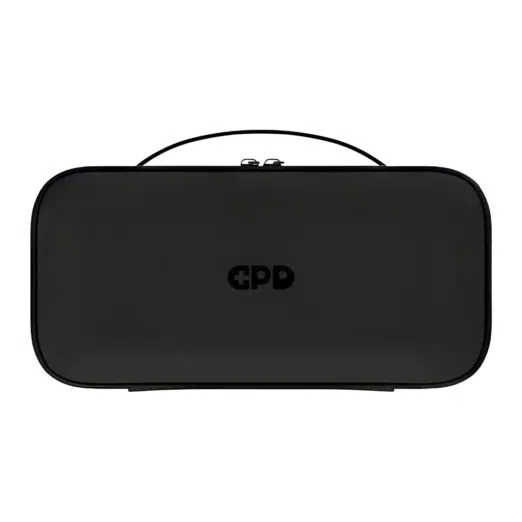 A front-on view of the closed, black hard-shell carrying case for the GPD WIN 5, featuring a centered handle and a black GPD logo. The case is isolated against a white background.