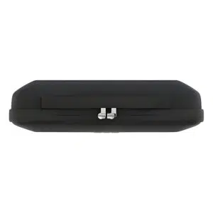 A top-down, side-profile view of the closed, black hard-shell carrying case, highlighting the dual metal zipper pulls and the center strap/handle detail. The case is isolated against a white background.
