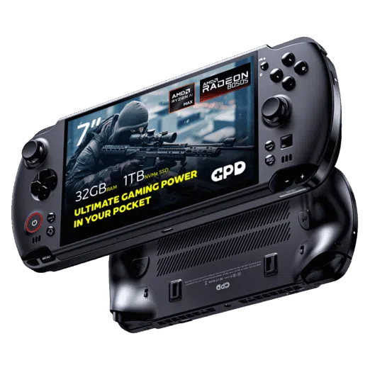 A dynamic shot of two black GPD WIN 5 handheld gaming consoles on a black background. The top device is angled to show its screen, which displays a first-person shooter game and features prominent overlays: 7" screen, AMD Ryzen AI Max, AMD Radeon 8060S graphics, 32GB RAM, and 1TB NVMe SSD. The bottom device is flipped over, showing its ergonomic grips and ventilation grilles.