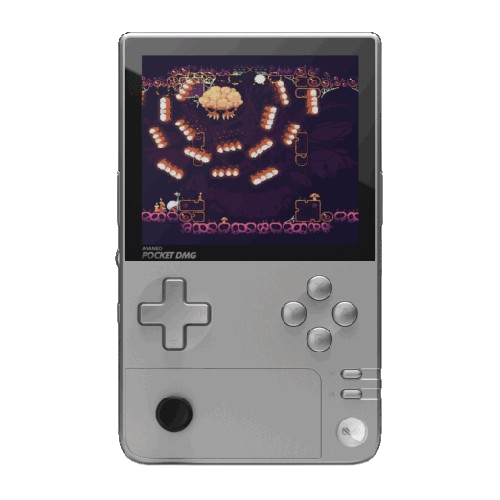 A front-on view of a vertical, gray handheld gaming console called the AYANEO Pocket DMG. The screen displays a colorful retro-style video game with a cluster of enemies. The device features a D-pad, face buttons, and an analog stick below the screen.