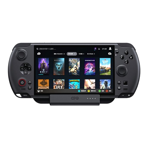 A front-on view of a black handheld gaming console (likely a GPD WIN model) with an attached magnetic/pogo pin dock at the bottom. The screen displays a game library interface featuring titles like Destiny 2, Overwatch 2, and Brawlhalla. The console has an analog stick, D-pad, and power button on the left, and face buttons and an analog stick on the right.