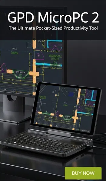 A promotional image for the GPD MicroPC 2, described as "The Ultimate Pocket-Sized Productivity Tool." The device is shown open in laptop mode, displaying a CAD or architectural floor plan on its screen. The MicroPC 2 is connected to and mirrored on a larger external desktop monitor in the background, which also displays the floor plan. The image is set against a dark background, and a prominent "BUY NOW" button is in the bottom right corner.