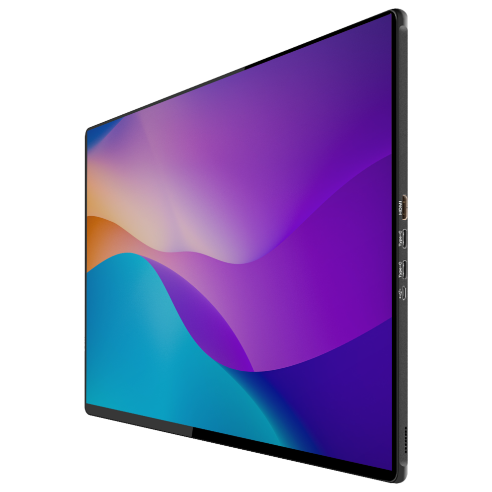 A perspective shot of a sleek, thin 4K 15.6-inch Touch Portable Monitor. The screen displays an abstract wallpaper with vibrant purple, blue, and orange waves. The right side edge shows labels for an HDMI port and two Type-C ports.