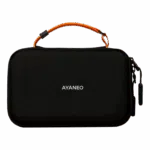 A compact, black hardshell carrying case for the AYANEO Pocket DS. The bag features a textured fabric exterior with the "AYANEO" logo centered in white text, a bright orange top handle, and a black zipper pull.