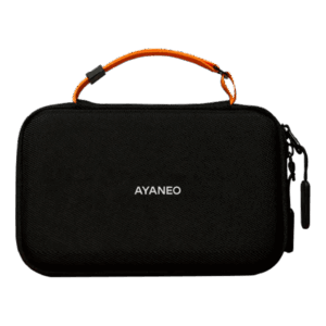 A compact, black hardshell carrying case for the AYANEO Pocket DS. The bag features a textured fabric exterior with the "AYANEO" logo centered in white text, a bright orange top handle, and a black zipper pull.